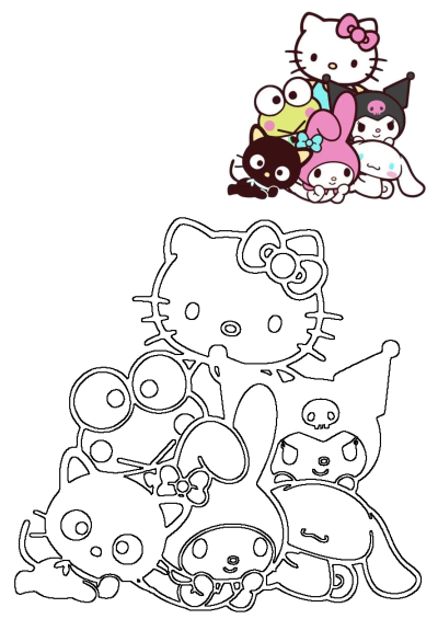 Hello Kitty and Sanrio friends group featuring Keroppi, My Melody, Kuromi, Cinnamoroll, and Chococat in vibrant color and outline.