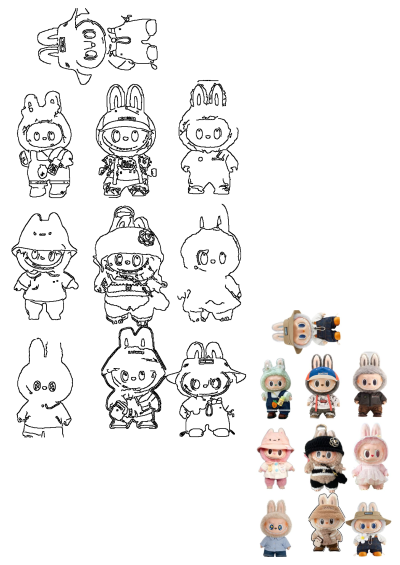 A collection of whimsical bunny stuffed animal designs, featuring both creative line art sketches and colorful finished plush toys in various outfits.