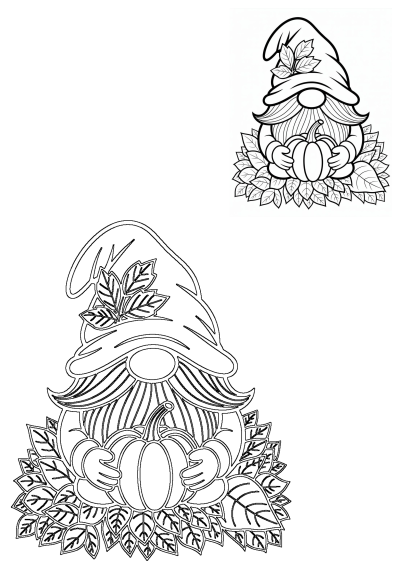 Two charming gnomes sitting on autumn leaves, each holding a pumpkin. Black and white outline perfect for fall decor or crafts.