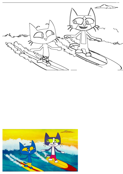 A lively illustration featuring two cartoon cats, one blue and one grey, happily surfing ocean waves on colorful surfboards, perfect for kids.