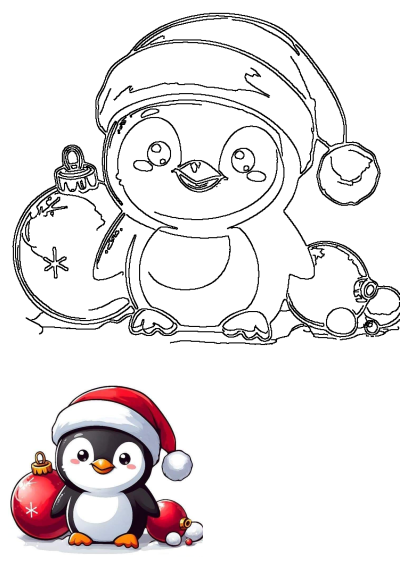 A cute Christmas penguin wearing a Santa hat, holding and surrounded by festive red ornaments, ready for the holidays.