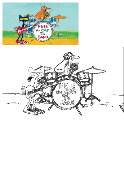Pete the Cat, the blue cat, plays guitar with his animal bandmate on drums. Features the vibrant original artwork and line art.