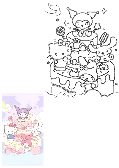 Black and white outline of Hello Kitty, Kuromi, My Melody, and Cinnamoroll on a tiered birthday cake. Features Sanrio characters in a pink and blue party theme.