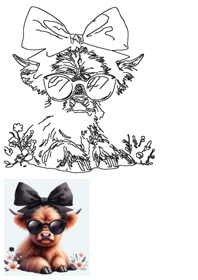 Cute coquette baby cow graphic wearing sunglasses and a bow, with charming floral elements, perfect barnyard animal clipart.
