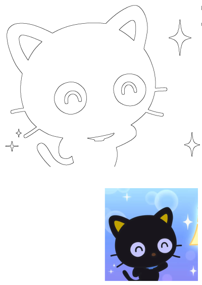 Line art of a cute cartoon black cat, smiling with whiskers and sparkling stars, inspired by the cat next to a lamp on a blue background.
