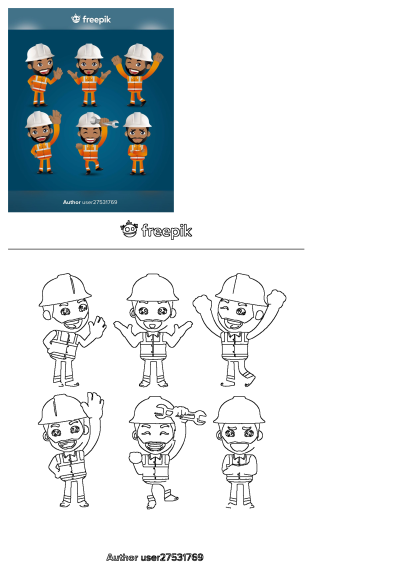 Construction Worker Engineer Vector Cartoon Illustration. Male characters in hard hats and safety vests, with various poses in both color and outline.