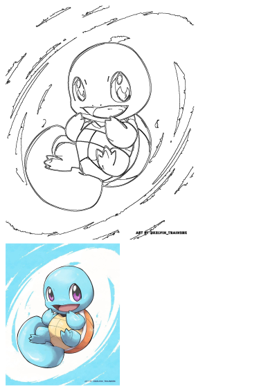An adorable blue Pokemon Squirtle drawing, eyes wide open, sitting in a rounded pose. Includes the black line art.