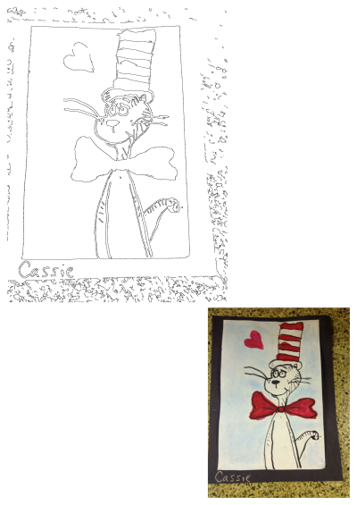A child's vibrant drawing of the Cat in the Hat character featuring a red and white striped hat, red bow tie, and a cheerful red heart. Created by Cassie.