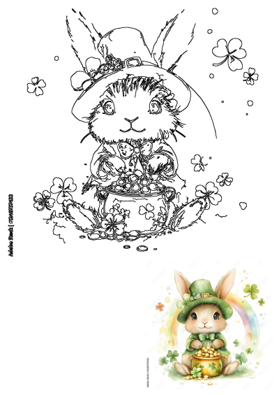 Cute St. Patrick's Day bunny wearing a leprechaun hat, holding a pot of gold with shamrocks, shown as line art and watercolor.