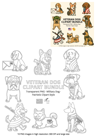 Veteran dog clipart bundle showcasing military and patriotic dogs: French bulldog, corgi, beagle, German shepherd, shiba inu, Labrador. Includes colored and outline versions.