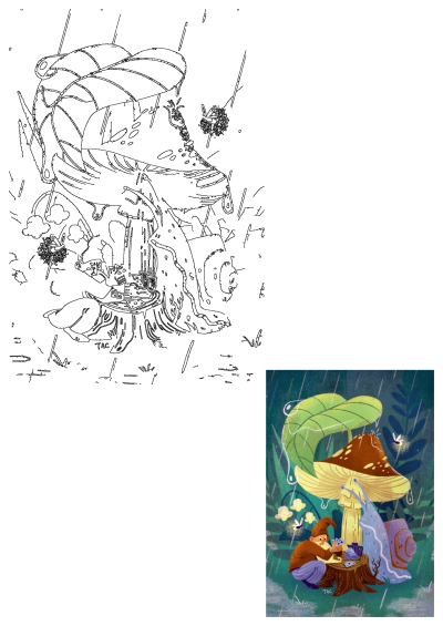 A whimsical gnome and a snail play cards on a tree stump, sheltered by a giant mushroom from the rain.