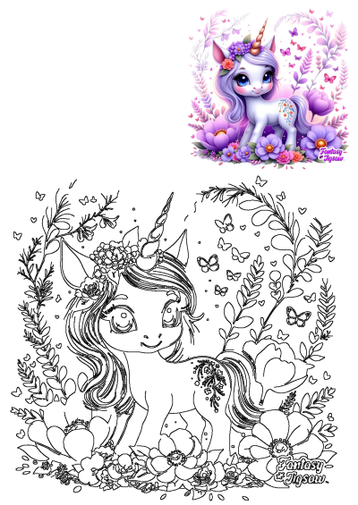 Vibrant illustration of a cute unicorn with purple flowers and butterflies, alongside its black and white line art. A magical fantasy scene.