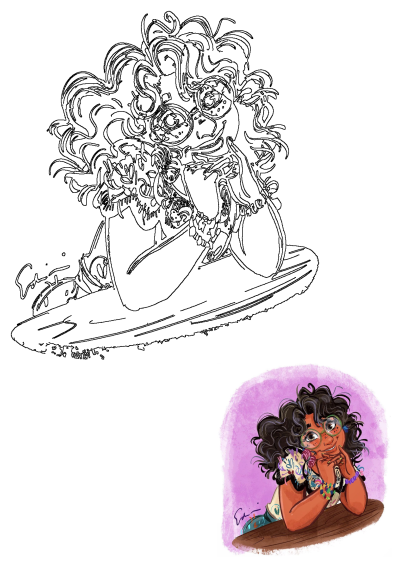 Black and white line art drawing of Mirabel from Encanto, with curly hair and glasses, resting her face on her hands at a table.