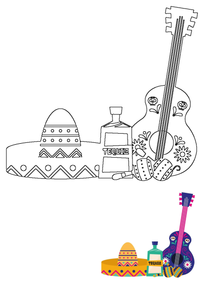 Mexican fiesta elements in outline style: sombrero, tequila bottle, decorative guitar, and maracas, ready for a vibrant celebration.