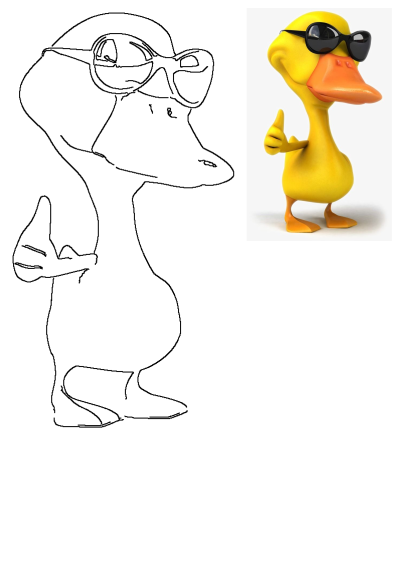 Yellow duck wearing sunglasses giving thumbs up. Features both a glossy 3D rendering and a clean black and white line art version.