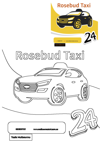 Rosebud Taxi Melbourne logo featuring a black and yellow car with number 24, accompanied by a taxi outline and contact information.