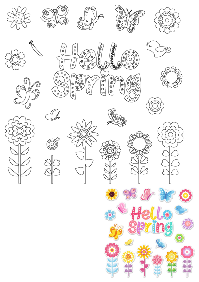 Hello Spring colorful flowers, butterflies, and bird stickers alongside matching decorative outlines for crafts and designs.