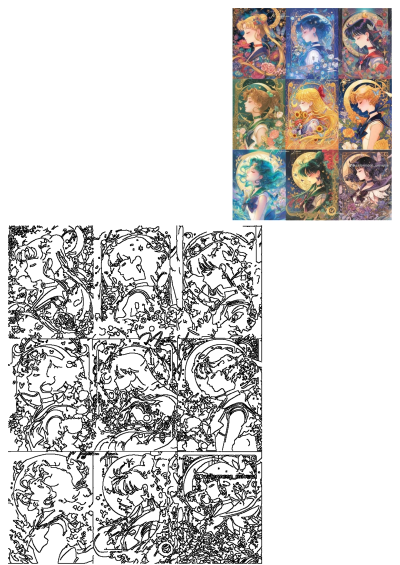 A stunning Sailor Moon art collage featuring magical, floral, and celestial character portraits, with accompanying line art outlines.