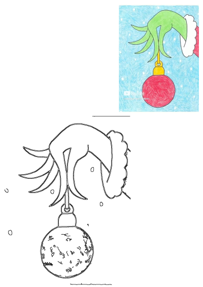 Grinch's green hand holding a red Christmas ornament, perfect for easy art projects for kids. Includes drawing guide.