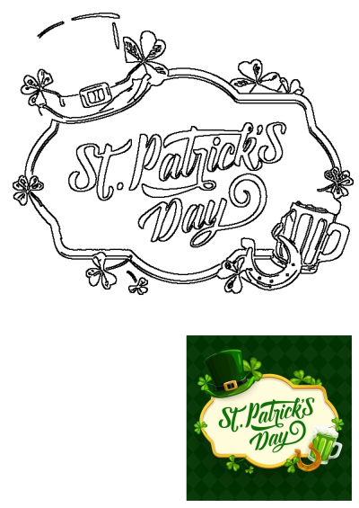A St. Patrick's Day greeting card design featuring shamrocks, a beer mug, leprechaun hat, and lucky horseshoe.