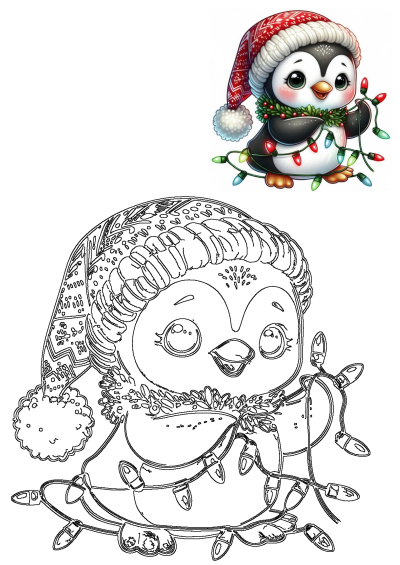 A cute Christmas penguin cartoon wearing a festive Santa hat and a garland of lights. Includes both a vibrant colored illustration and a detailed outline version for coloring fun.