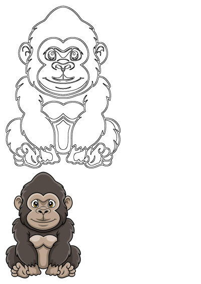 A cute cartoon gorilla sits isolated on a white background. The image features both a friendly, colored gorilla and a black outline.