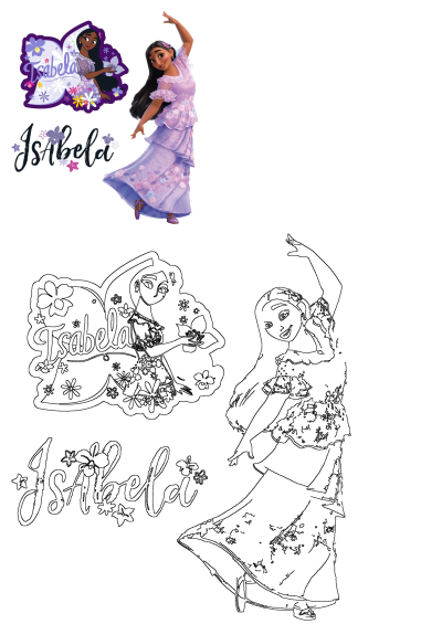 Vibrant Isabela Madrigal from Disney's Encanto in purple floral dress, dancing, with her name graphic. Includes finished artwork and outline drawing templates.