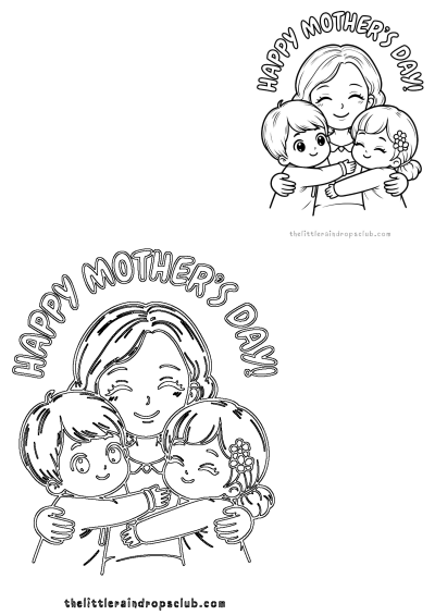 Black and white line art illustration of a loving mother hugging her two happy children, celebrating Mother's Day.