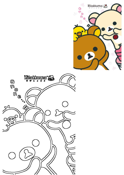 Rilakkuma, Korilakkuma, and Kiiroitori, cute cartoon bears and bird, peeking closely, almost hugging. Features both colored and outline versions.
