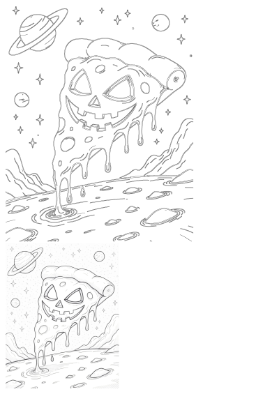 A creepy pizza slice, transformed into a monster with a jack-o'-lantern face, drips onto an alien landscape under a starry sky with planets.
