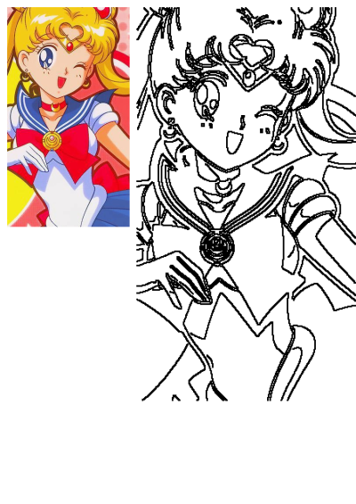 Sailor Moon, the blonde-haired, blue-eyed anime character, winks in her iconic sailor uniform, alongside a line art version.