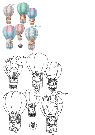 A charming collection of cute cartoon animals like bunnies, sloths, and llamas, soaring in pastel striped hot air balloons.