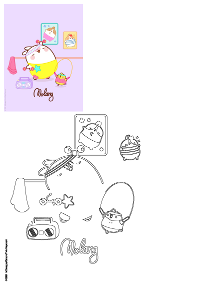 Cute Molang character exercising with star-shaped weights and Piu Piu holding a jump rope in a vibrant gym setting.