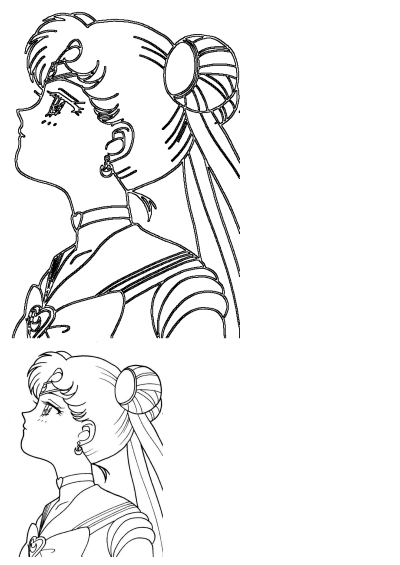 Outline of Sailor Moon, a cartoon girl, in side profile, looking up with her signature odango buns and uniform.
