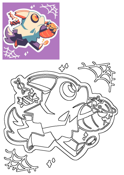 A cute cartoon ghost character flying with a jack-o'-lantern pumpkin candy bucket and sweets on a purple Halloween background featuring spiderwebs.