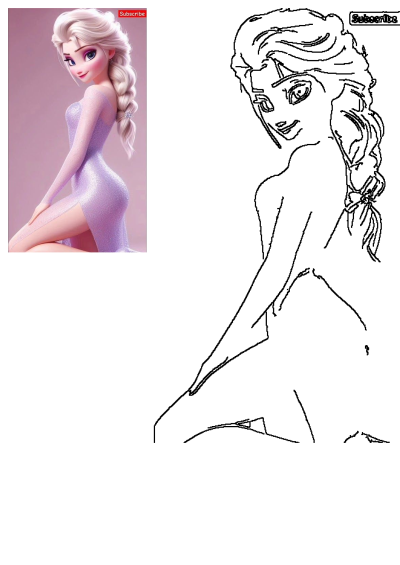 Elsa from Frozen in a sparkling purple dress, kneeling in a glamorous portrait, mirrored by a black-and-white line art sketch.