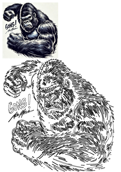 Intense illustration of an angry gorilla flexing powerful biceps and clenching fists, with a snarling, fierce expression.