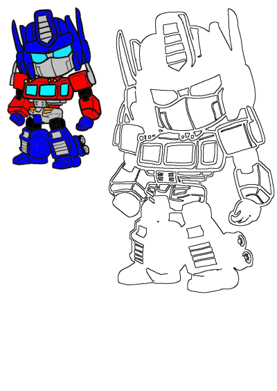 Chibi Transformers Optimus Prime robot drawing, featuring a vivid blue and red colored version alongside an outline for children to color.