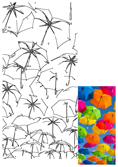 Colorful Umbrellas Sky Bright Cheerful, a vibrant display of various colored umbrellas suspended against a clear blue sky.