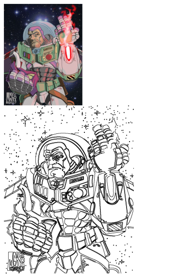 Buzz Lightyear cartoon character shown with a rugged appearance, hand raised with a glowing red laser, against a starry space background.