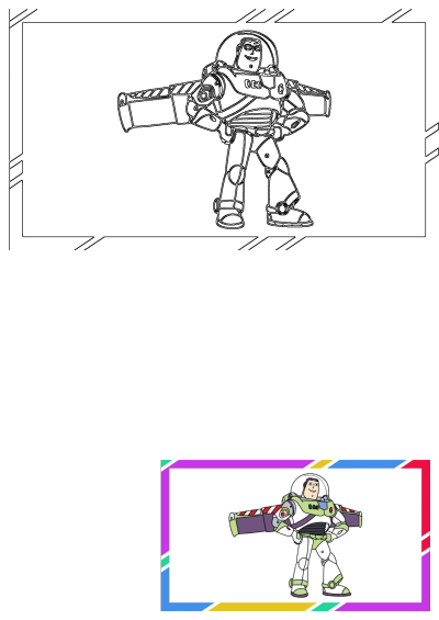 Buzz Lightyear cartoon drawing from Toy Story. An outline illustration and a vibrant full-color image of the beloved space ranger.