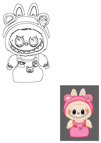 Cute pink monster toy cartoon character illustration with big eyes, wearing a pink outfit with bunny ears and a strawberry detail.
