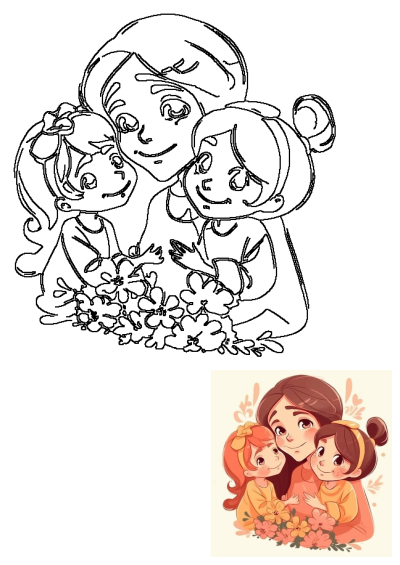Outline drawing of a loving mother embracing her two happy daughters, surrounded by blooming flowers. A heartwarming family scene.