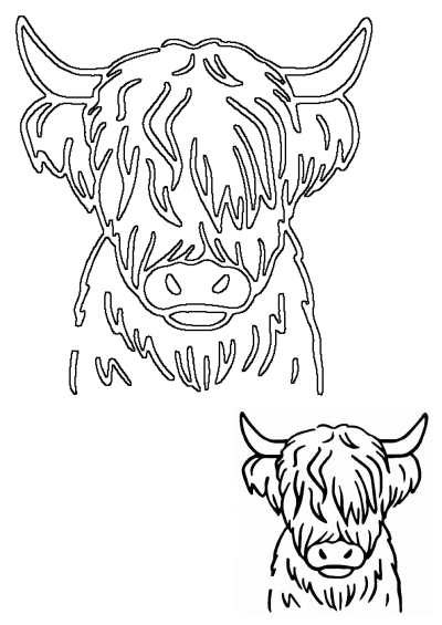 A black line art illustration featuring a shaggy Highland cow's head with prominent horns, representing Scottish cattle.