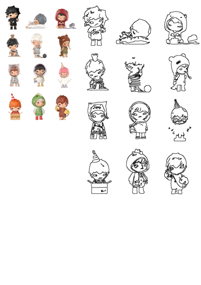 Figurines Collection Unique Designs Decorative Collectibles, showcasing a diverse array of stylized characters in vibrant colors and as detailed line art outlines.