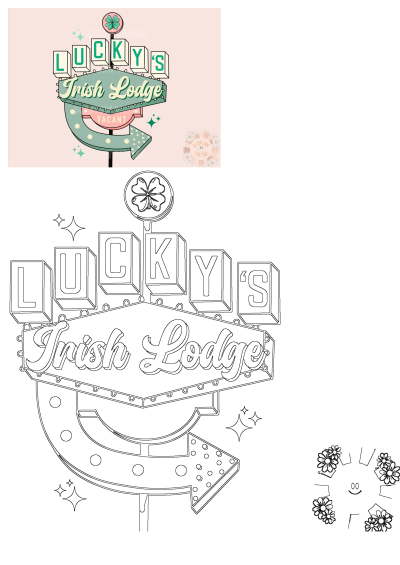 Vibrant retro Lucky's Irish Lodge sign on a pink background, featuring neon-style green letters, a four-leaf clover, and a 'VACANT' arrow.