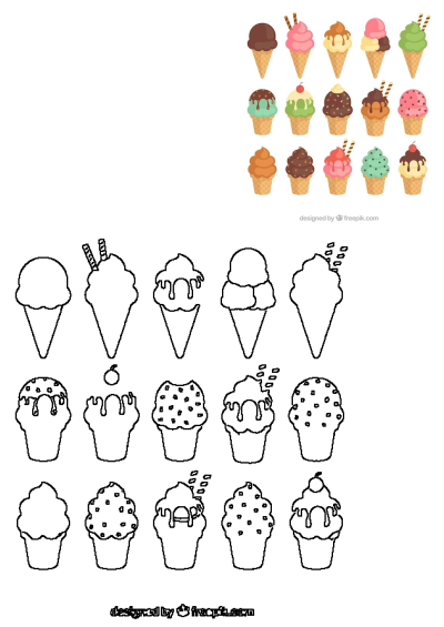 Colorful assorted ice cream cones with diverse flavors, drizzles, and toppings on white, paired with matching outline drawings.