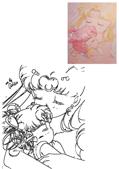 An affectionate drawing of Sailor Moon and Chibiusa embracing, showcasing a tender moment in both colored and line art versions.