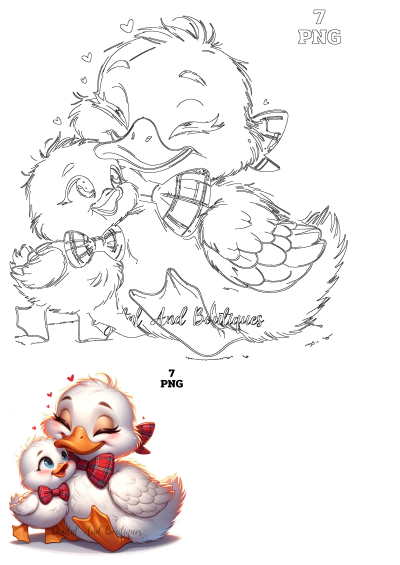 Adorable cartoon mother duck and baby duckling with red plaid bow ties. Features both a clear outline art and a vibrant colored version.