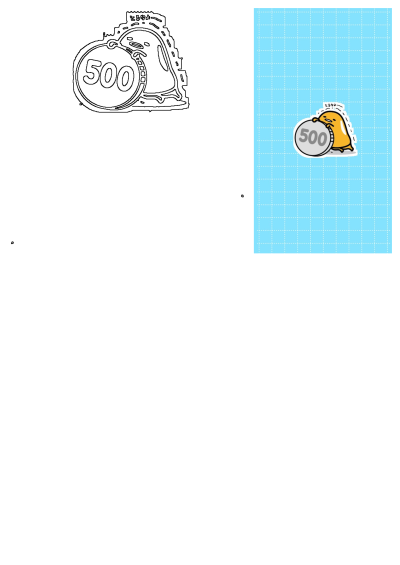 This cute Gudetama 500 sticker features the kawaii character, a lazy egg, holding a 500 Yen coin against a blue grid pattern.